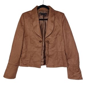 PARALLEL Faux Suede Like Boho Embroidered Brown Blazer Jacket Large